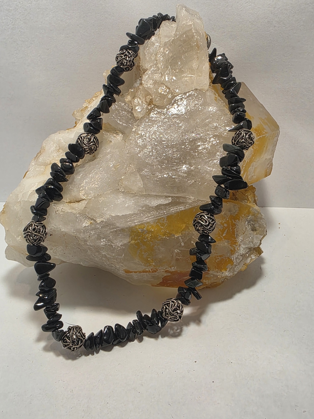 Handcrafted Black Stone Necklace with Silver Accent Beads
